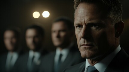 Close-up of serious businessman in suit, with blurred colleagues in background.  Focus on intense facial expression and authority