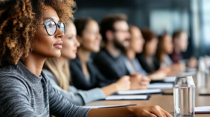 Diverse group of business professionals attentively listening during a presentation. A focused woman in the foreground wearing glasses and a gray top