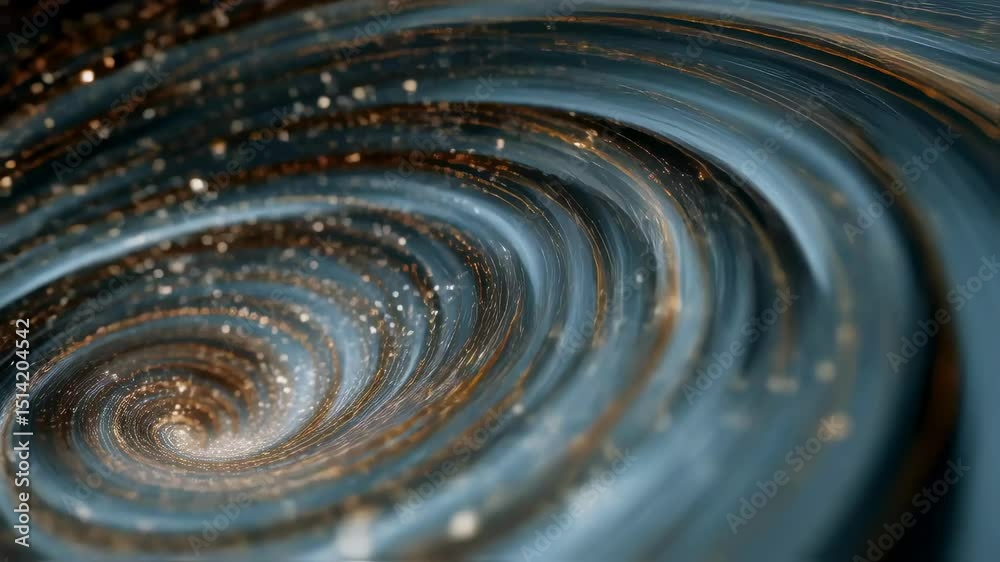 Poster intricate particles swirling dynamically within fluid medium, generating mesmerizing golden blue vor