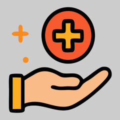Medical support icon vector with hand holding a red cross symbol, expressing help, care, first aid, and health assistance in emergency situations.