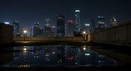 Fototapeta premium Urban Skyline Reflection in Water at Night from Rooftop