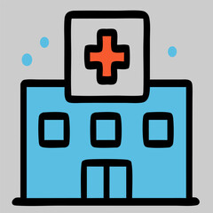 Fototapeta premium Hospital building icon vector showing front view with medical cross, symbolizing healthcare facility, emergency service, treatment center in flat art.