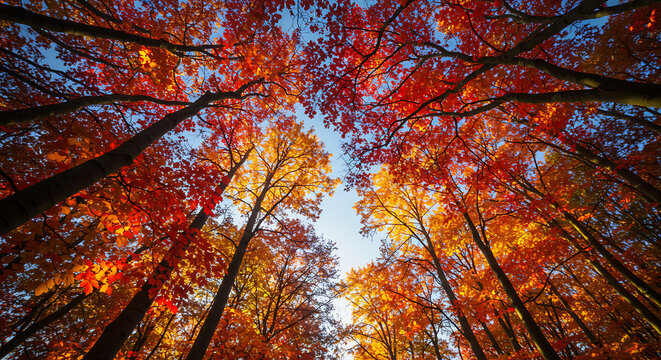 Vibrant Autumn Forest Canopy Looking Up at Colorful Fall Leaves