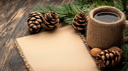 Cozy Winter Scene Burlap Mug of Warm Drink, Pine Cones, and Kraft Paper on Rustic Wood