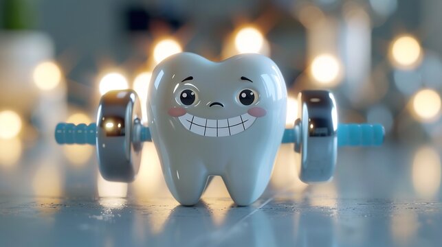3d animated tooth character lifting weights symbolizing strong and healthy teeth fun fitness inspired background