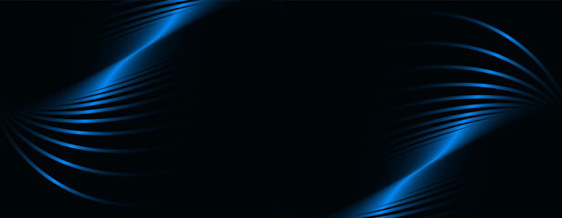 Dark abstract background. Glossy curved lines. Shiny blue metallic gradient stripes. Modern futuristic graphic. Suit for banner, cover, business, corporate, flyer, poster, presentation, website