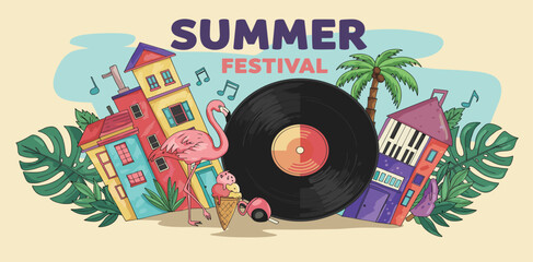 Colorful geometric summer music festival background, poster, banner. Summer time fun concept design promotion design.