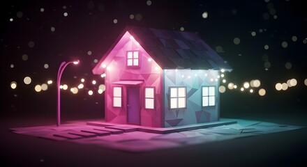 Naklejka premium Cinematic Futuristic Architectural Model of Small House with Polygonal Patterns and Lights
