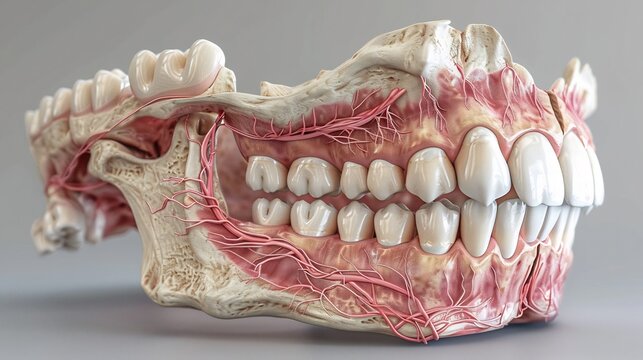 3d render of the jawbone structure with labeled teeth and nerves