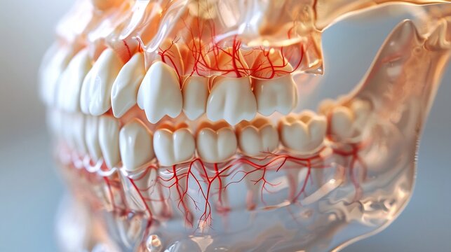3d render of the jawbone structure with labeled teeth and nerves