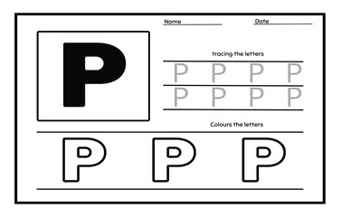 Letter P trace uppercase and coloring abc alphabet worksheet for kids English vocabulary. Handwriting tracing practice illustration