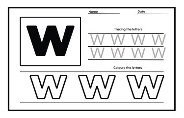 Obraz premium Letter W trace uppercase and coloring abc alphabet worksheet for kids English vocabulary. Handwriting tracing practice illustration