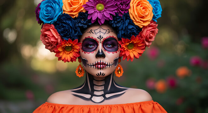 Vibrant Portrait of Woman with Sugar Skull Face Paint and Colorful Flower Headpiece