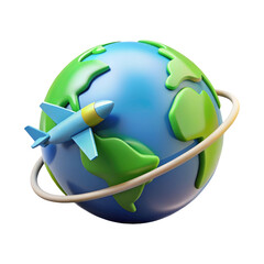 Airplane Flying Around Earth Globe for Travel and Tourism 3d icon in cartoon plastic style minimal isolated on transparent white background, clipping path