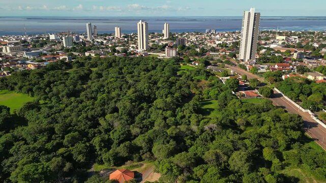 Aerial view of Santarem, Para state, BR: capturing the beauty of the preserved amazon forest from the city park