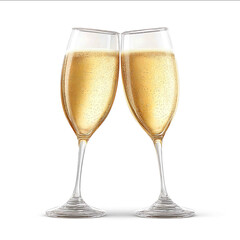 Isolated on white background pair of champagne glasses clinking with sparkling wine festive wedding celebration clear edge