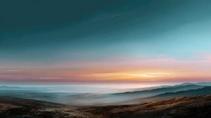 Whispers of Dawn: Silhouettes of rolling hills are gently kissed by the first light of dawn, as mist lingers in the valleys below, casting an ethereal glow across the tranquil landscape.