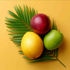Assorted tropical fruits on palm leaf flat lay summer composition