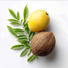 Minimalist mango and coconut flat lay tropical theme on white