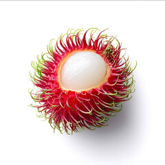 Halfopen rambutan showing white juicy isolated on pure white background colorful exotic texture tropical vibrant look
