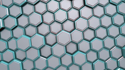 Abstract background or screensaver of gray and turquoise hexagons. Rendering illustration.