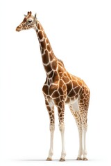Obraz premium Majestic Giraffe Portrait: A tall giraffe stands proudly against a clean backdrop, its unique spotted pattern and long neck creating a striking portrait. This image captures the giraffe's elegance.