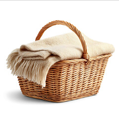 straw picnic basket with blanket partially visible isolated on pure white background