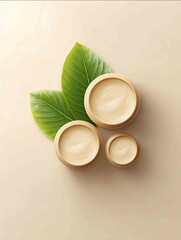 Warm cream pastel background luxury skincare jars and minimal kraft packaging flat lay with botanical leaves elegant and clean aesthetic