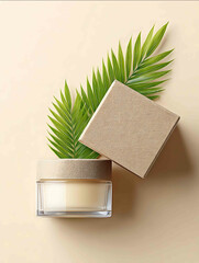 Warm cream pastel background luxury skincare jars and minimal kraft packaging flat lay with botanical leaves elegant and clean aesthetic