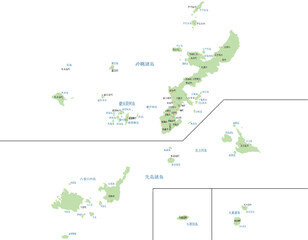 沖縄県　地図　黄緑　斑点　イラスト