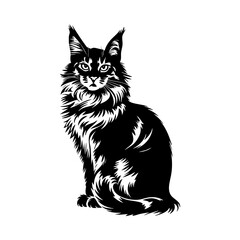 Maine coon cat vector art black and white illustration pet portrait feline breed design silhouette graphic image