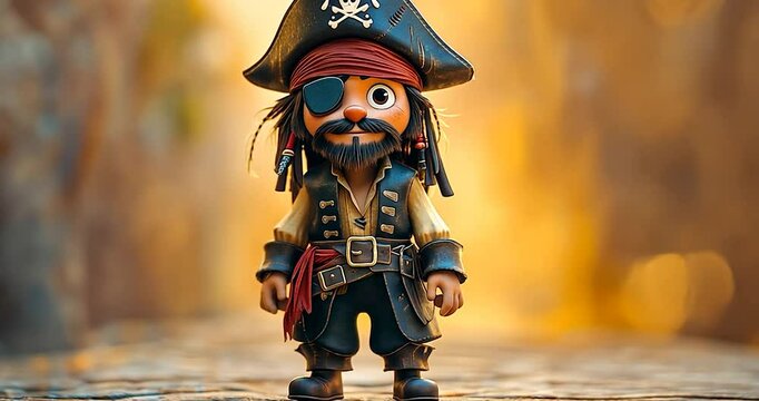Animated Cartoon Pirate Character in a Brown Outfit Standing on Paved Pathway with Blur Effect Backgrounds of Yellow and Brown Tones with Gold Lighting Style and Eye Patch