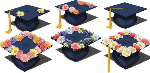 Floral Themed Graduation Party Invitations. Colorful Graduation Cards Design with Cap and Flowers.