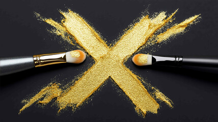 golden make up line in the shape of a X on black background No face