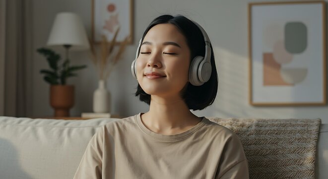 Tranquil immersion: Young asian woman closes her eyes with a gentle smile. lost in serene sounds, embraced by music in a peaceful at-home listening session