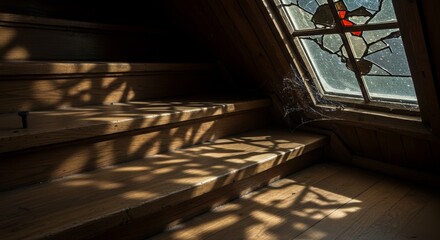 Wooden staircase with shadows and stained glass window in attic