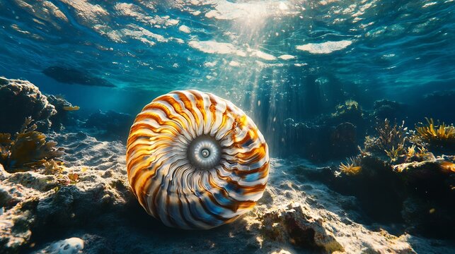 Beautiful nautilus drifting through crystal clear waters its ancient shell spiraling in mesmerizing patterns ultra detailed marine life
