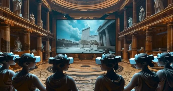 A Futuristic University Lecture Hall with Circular Seating and Classical Architecture Enhanced by Virtual Reality Technology - Powered by Adobe