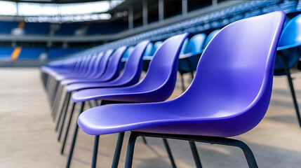 purple plastic chairs in the stands of an outdoor stadium empty front view flat lay photography shot on a Canon EOS R5 at f2 ISO 30 and 89mm focal length