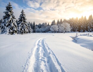 Snowy path through winter forest