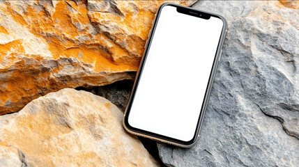 photo of an iphone from the top down with a white screen laying on a stone in the stone age