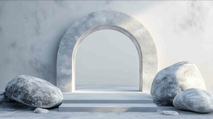 rendering of a grey background with an arch and rocks for product presentation Minimalist stage design empty space in the center simple shapes light color palette high resolution high