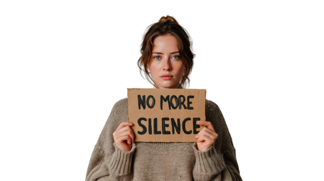 A determined young woman holding a sign, advocating for an end to silence and promoting awareness.