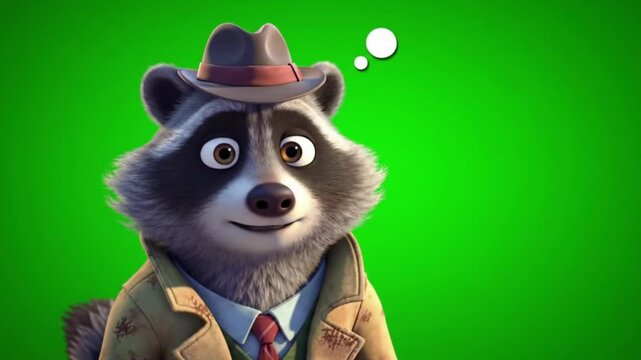 A raccoon character dressed as a detective in 3D animation style, standing confidently with a green screen background. Suitable for comedy or mystery animations.