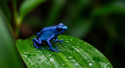 Obraz premium A blue poison dart frog sitting on a green leaf in a tropical rainforest
