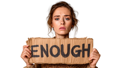 A woman holding a cardboard sign, conveying a strong message of protest and frustration.