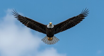 Naklejka premium A bald eagle in mid-flight with wings fully spread against a blue sky