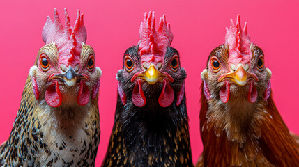 Fototapeta premium Quirky trio of chickens striking a pose against a vibrant pink backdrop in a humorous farmyard portrait showcasing