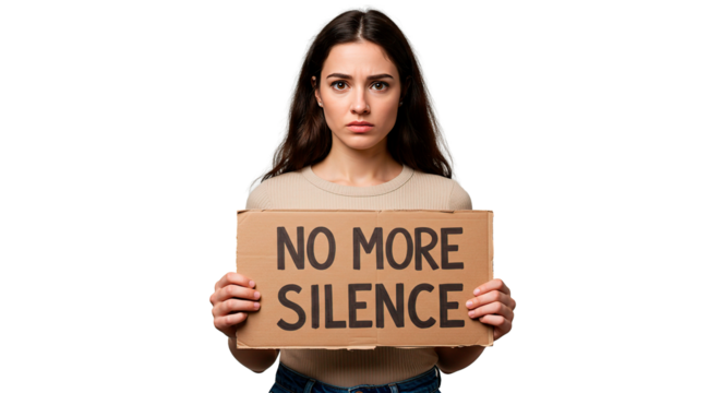 A woman with a serious expression holds a cardboard sign with the words "No More Silence".
