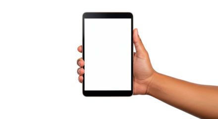 An African-American hand holding a tablet with a blank white screen against black.